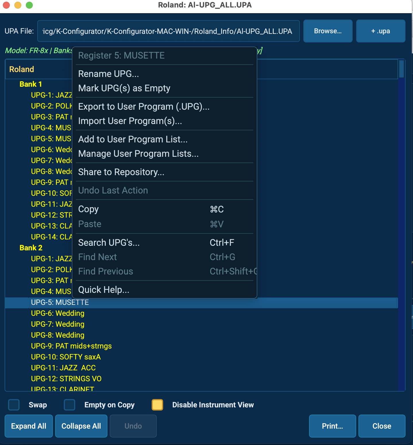 Roland right-click context menu